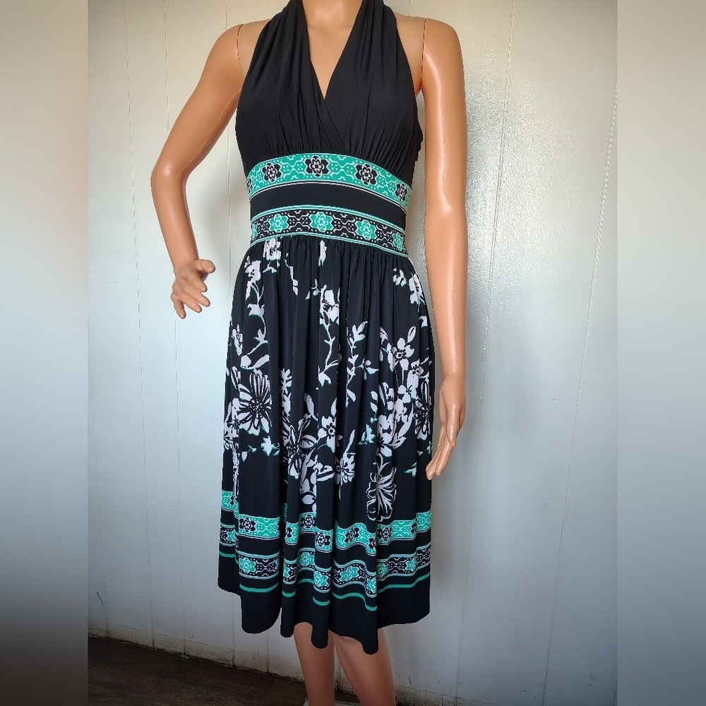 Evan Picone Black and Green Halter Dress Size 4